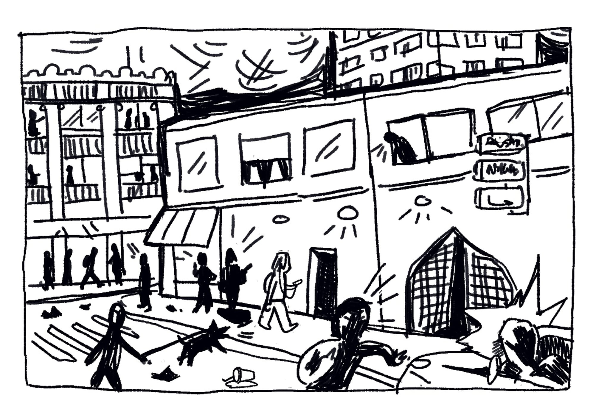 Panel illustration: Candace strolls through a bustling cityscape.