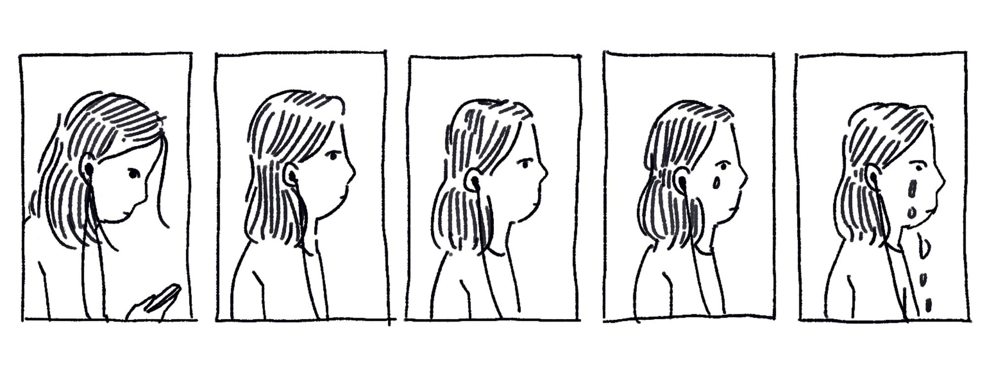 Panel illustration: The woman listening begins to cry, at first a trickle, then a stream.