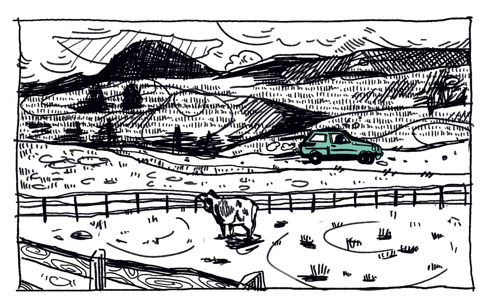 Panel illustration: a teal colored car drives through a pastoral Irish landscape.