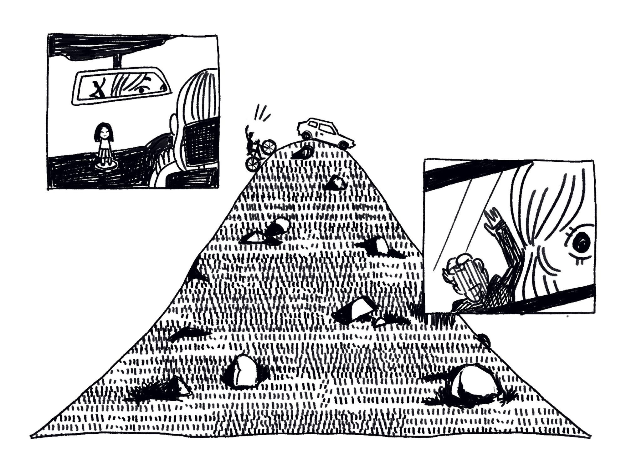 Panel: a woman looks nervously into her rearview mirror. A car at the tippy top of a very tall hill, and a man on a bicycle waves from behind. The woman sees his reflection in the mirror and goes wide-eyed.