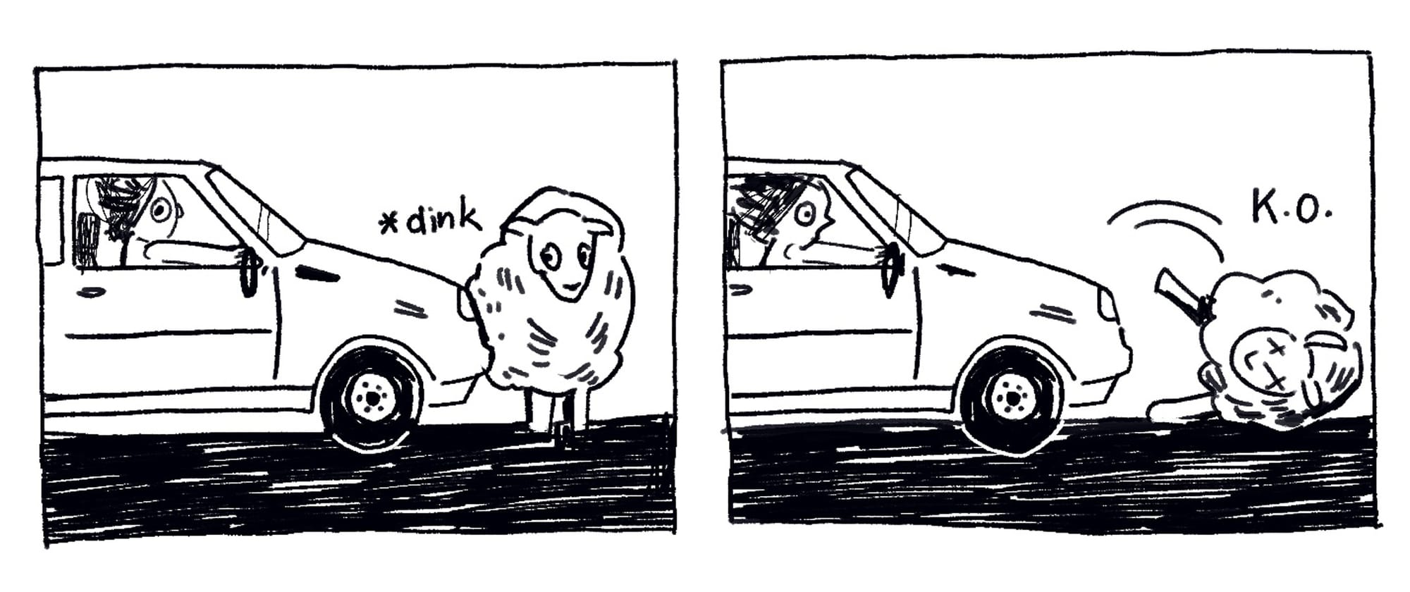 Panel: the car, with a bewildered woman instead, taps the sheep — *dink. Panel: the sheep completely tips over and goes cross-eyed - K.O.