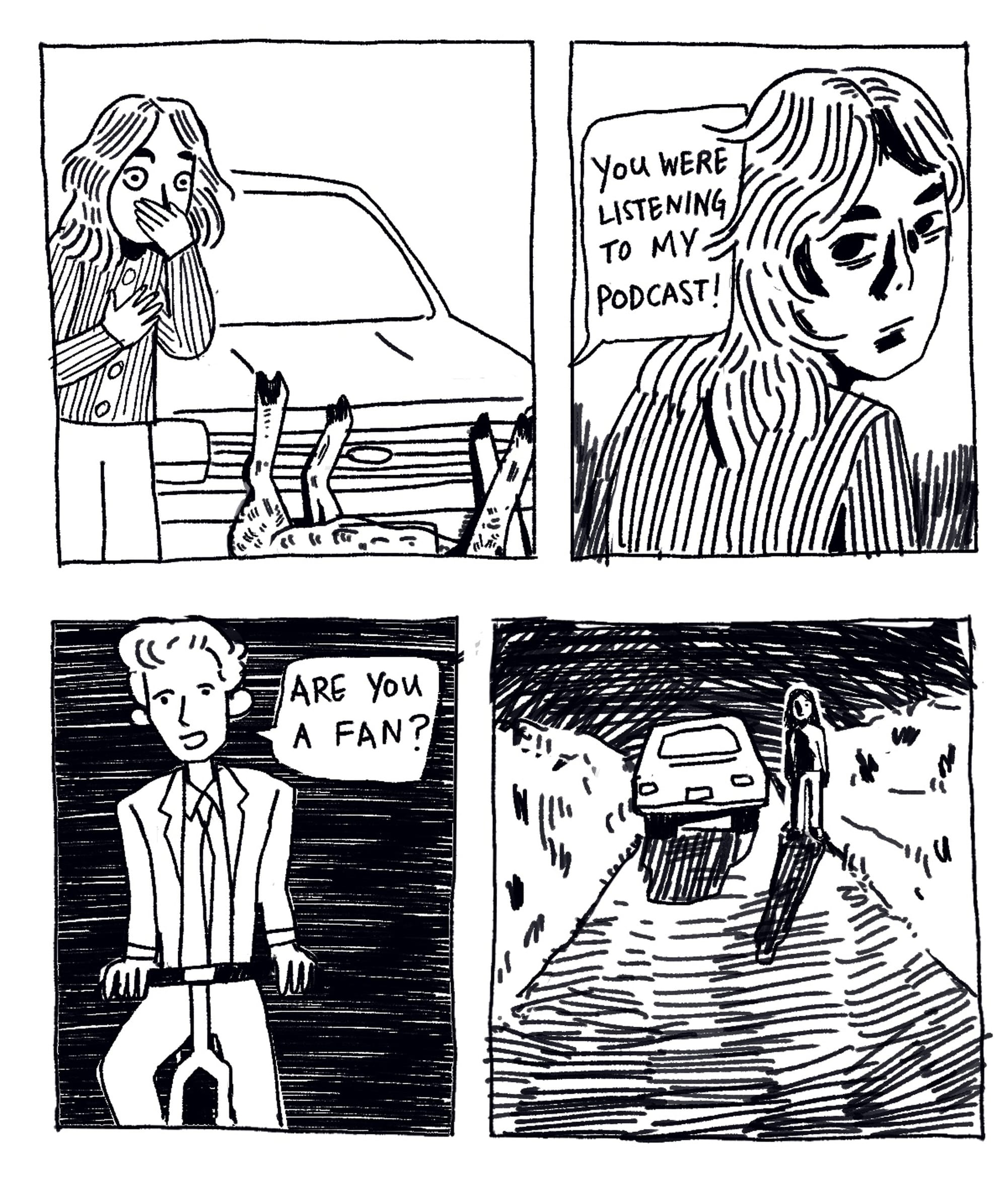 Panel: Candace gets out and covers her mouth, in shock. Panel: She looks behind her shoulder, to someone saying “You were listening to my podcast!” Panel: A curly-haired man stands on his bike and says “Are you a fan?” Panel: Candace stands next to her car, shook.