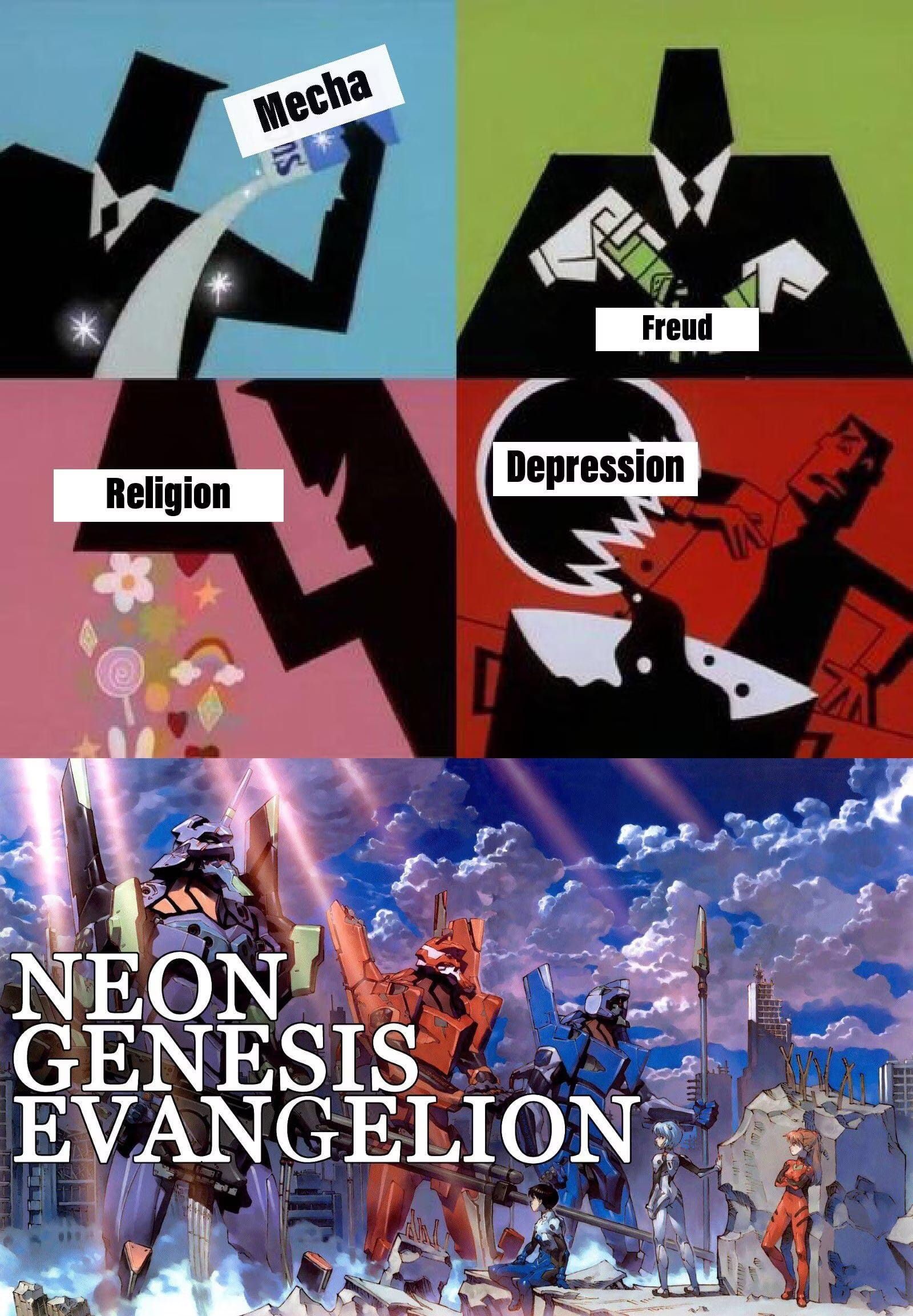Meme shows figures in shadow mixing together the ingredients: Mecha, Religion, Freud, Depression, and at the bottom the result: Neon Genesis Evangelion