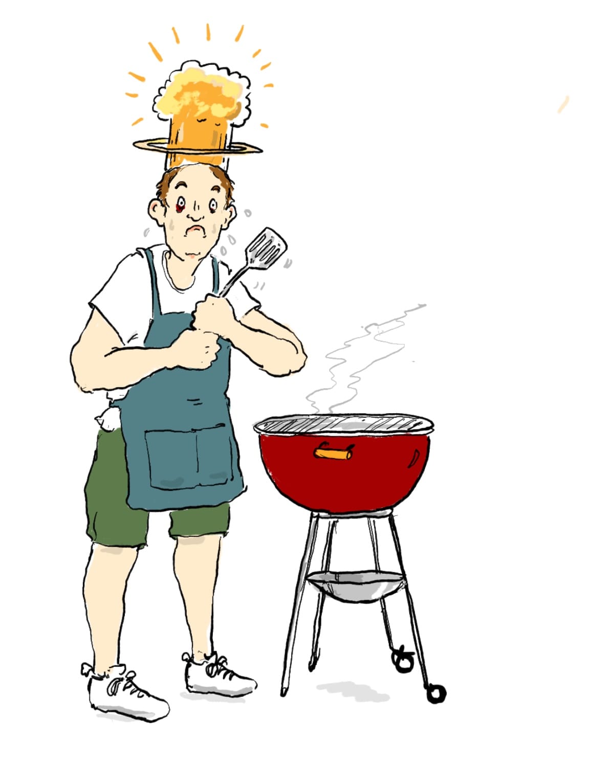 A panicking bbq-er, wearing shorts, a t-shirt and an apron, and clutching a steel spatula, stands before a smoking Weber type grill; a fiery mushroom cloud in the form of a chef's toque explodes above his hapless head
