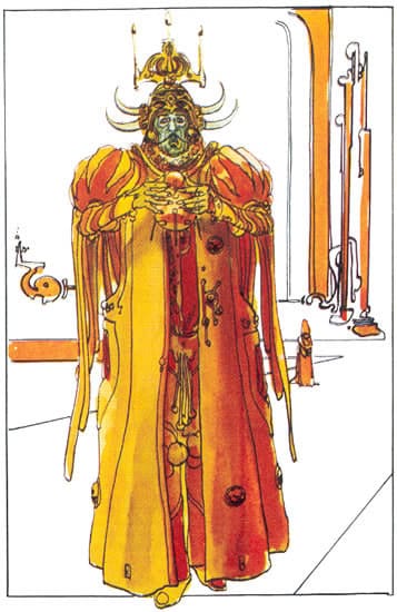 Dalí's costume is the color of flames, a huge floor-length coat with elaborate puffed, slashed sleeves and there's also a golden helmet with multiple curved horns, and... candles?