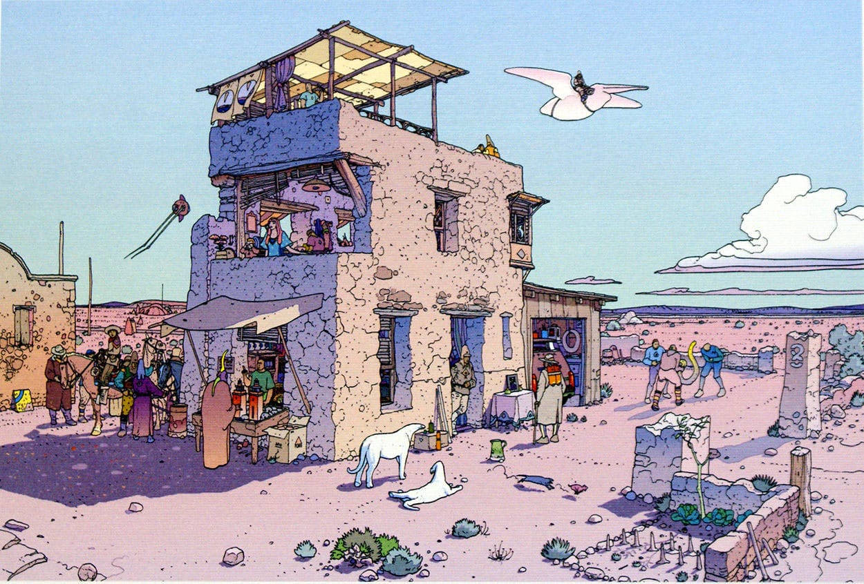 A desert landscape shows a village scene with market stalls, a kitchen garden, wild flying creatures, and extremely improbable beasts