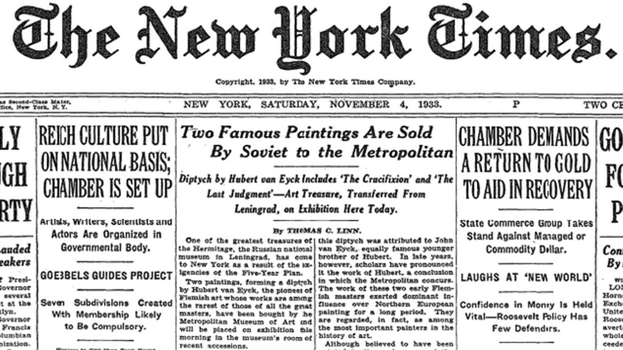 Detail of New York Times front page, November 4, 1933, showing headline story: 'Two Famous Paintings Are Sold By Soviet to the Metropolitan'