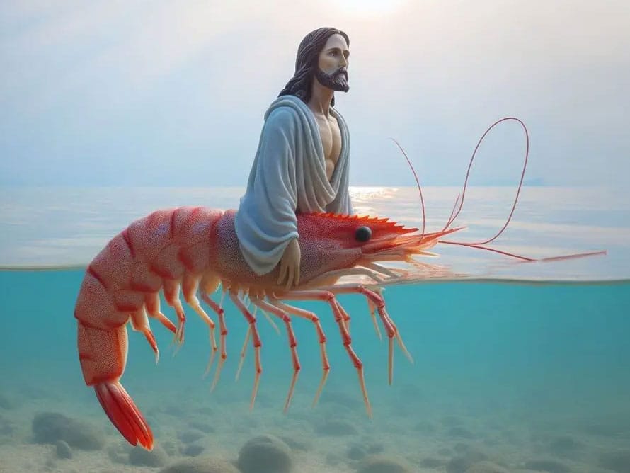 AI SLOP IMAGE: No, it's not a sculpture of Jesus riding a giant, cooked airborne shrimp hovering above clear blue water; the lower half of his body IS the shrimp, like as if he were a giant shrimp-centaur. A Shrimptaur.