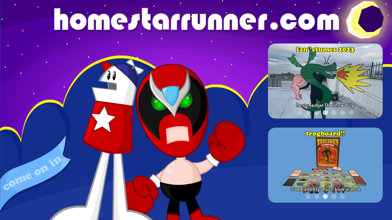 Homestar and Strong Bad welcoming visitors to the colorful home page of HomestarRunner.com