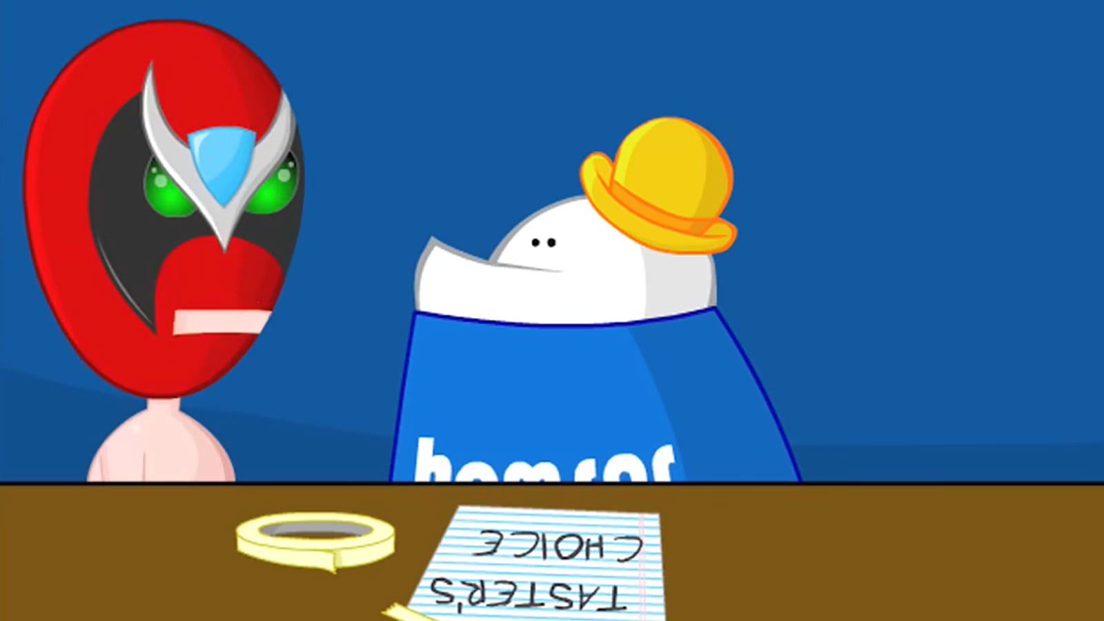 Homestar and Strong Bad having a typical altercation (it doesn't involve Taster's Choice despite a notice taped to the table bearing the scrawled words, 'Taster's Choice'