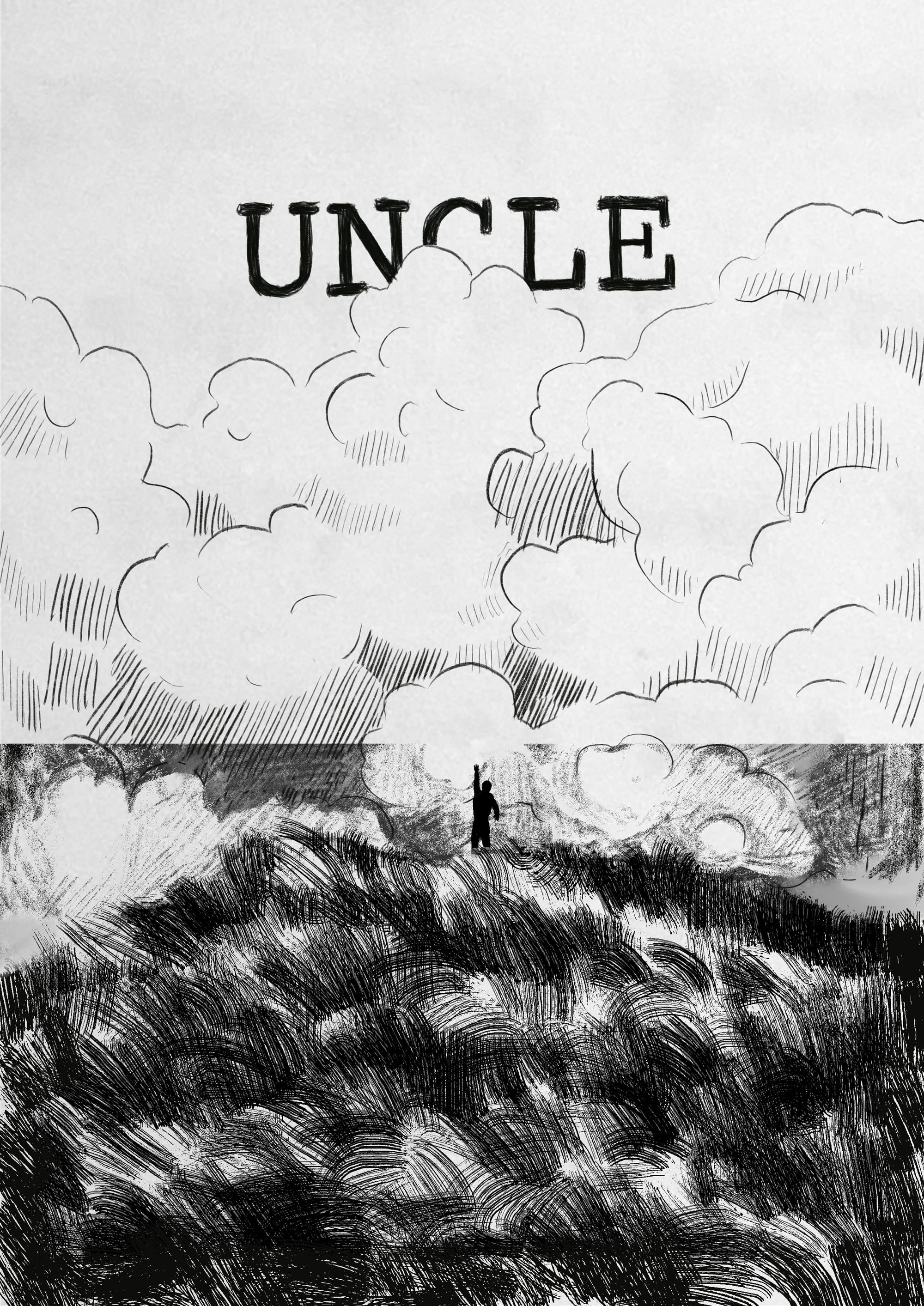 A distant figure in a brushy, windy, black and white surrealistic landscape, one hand raised into the sky