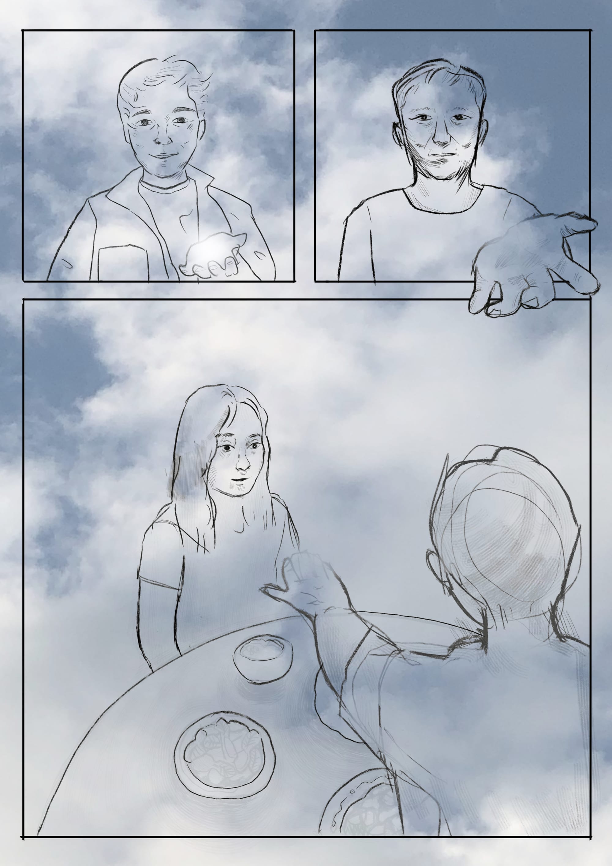 Three panels drawn against a cloudier sky. PANEL 1. A younger man stretches his hand out toward the viewer; it's holding a bit of cloud. PANEL 2. An older man does the same, reaching out of the panel toward us, he's holding a bit of cloud, too. PANEL 3: A young woman seated across the table set with dishes from a man who is offering her an enchanting handful of cloud.