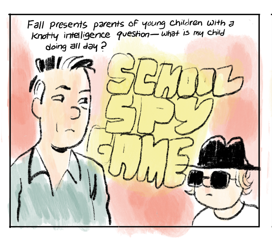 Dad looks askance at young son, who is wearing a black fedora and shades: "Fall presents parents of young children with a knotty intelligence question: What is my child doing all day?"