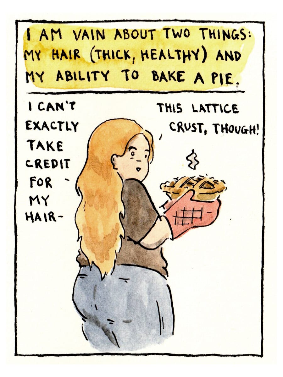 She stands in a green hoodie before an award-winning pie, there is a blue ribbon on a card that reads "Panch Phoran Custard": "I have opinions on the best fats (a butter-Crisco combo) and methods (mix of ice water and vodka) for crust-making. I have twice won awards at pie-making contests. And I like to think that being friends with the judges only helped a little! (The secret to custard is to pull it when it jiggles like a baby's thigh meat.)'