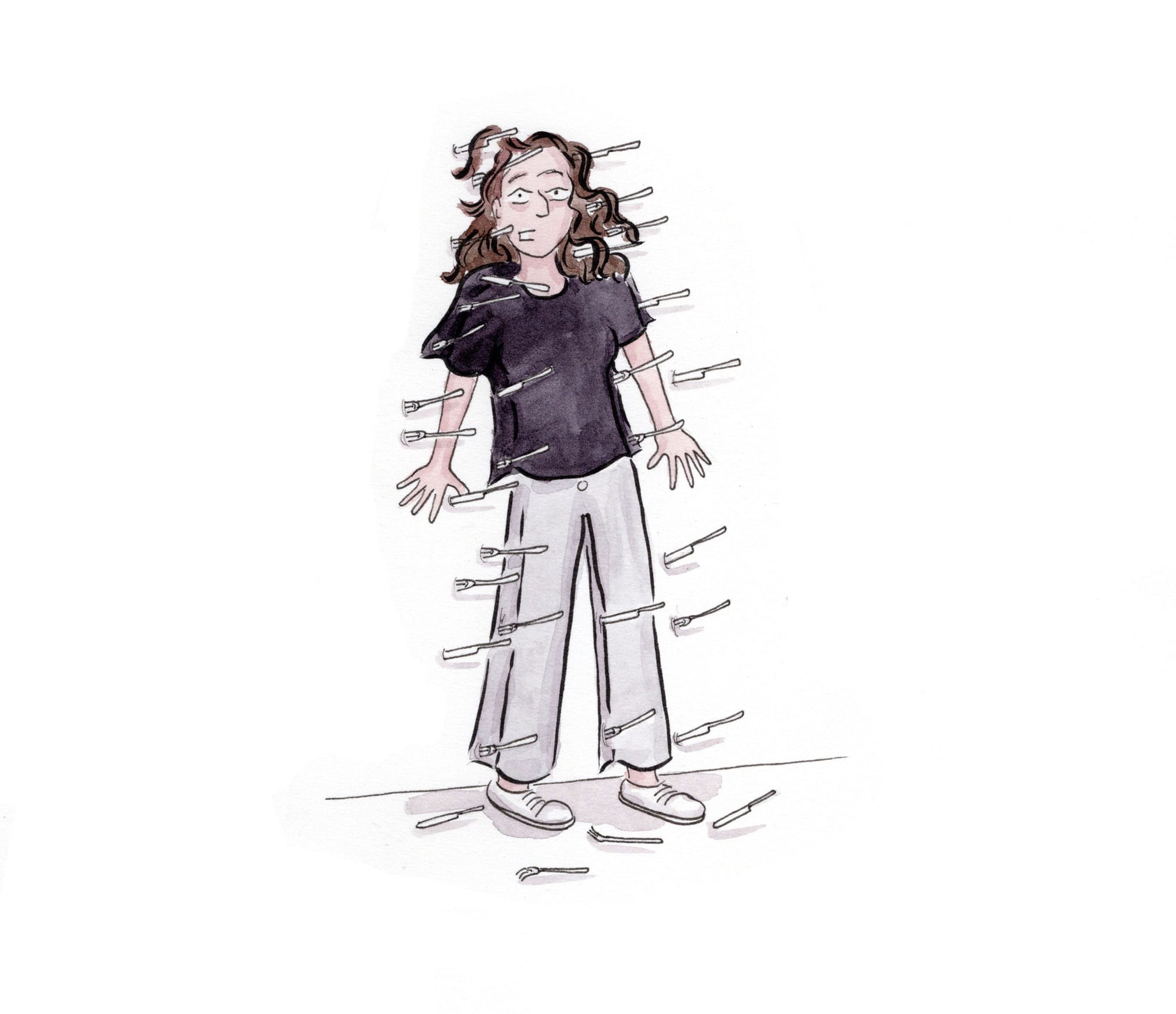 The author against a wall against which a lot of cutlery has been thrown, somehow missing her but not by much