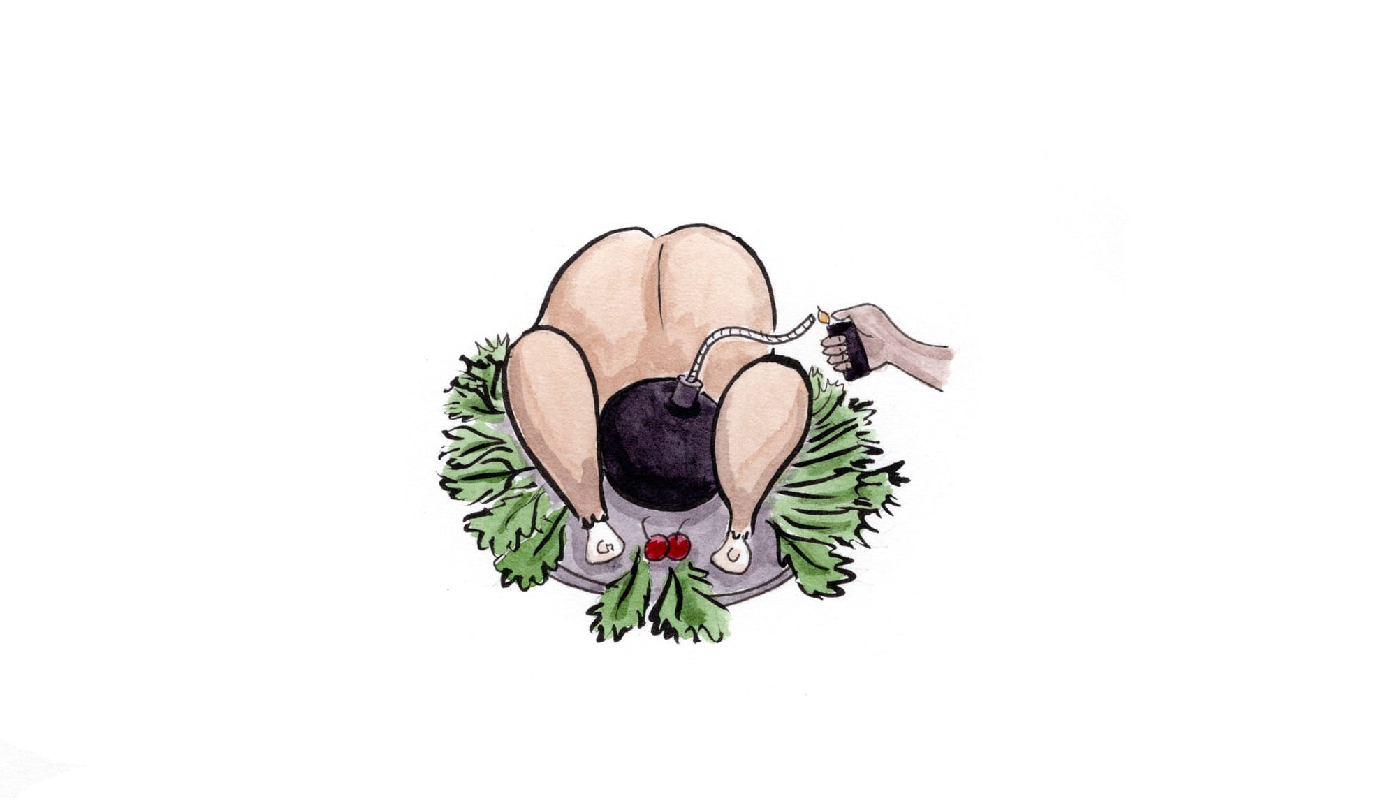 A turkey on a lettuce-garnished platter, stuffed with a cartoon bomb, with a hand lighting the fuse with a lighter