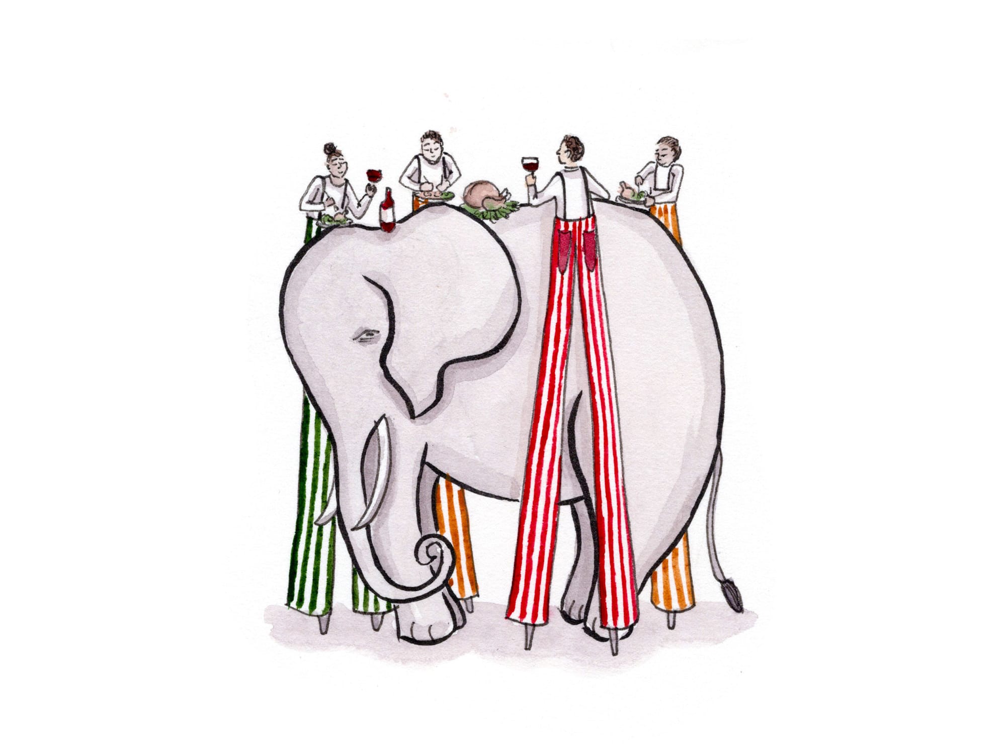 Clowns on stilts feasting atop an elephant