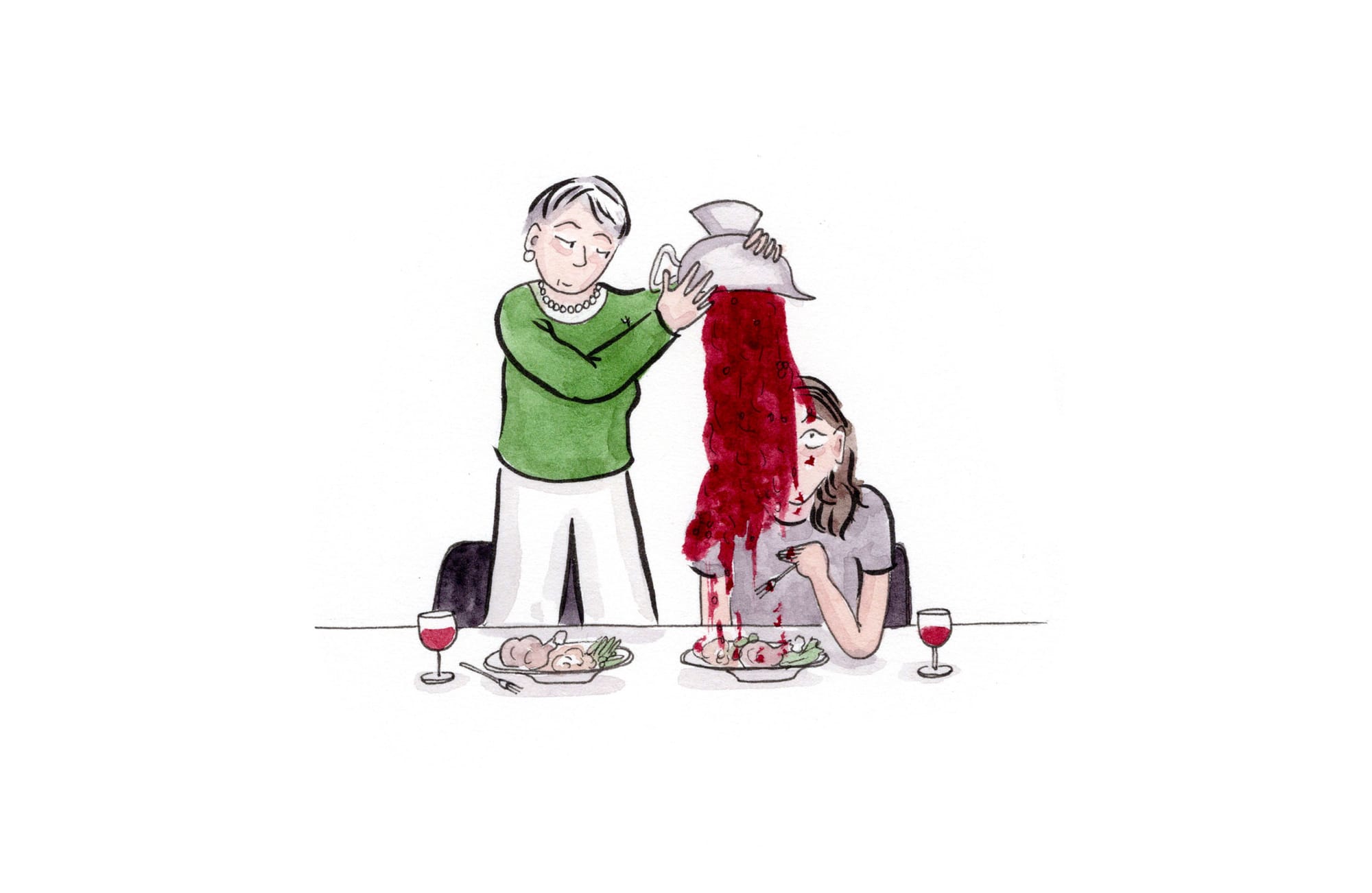 Giant gravy boat full of cranberry relish (?) upended onto the plate of one guest by another 