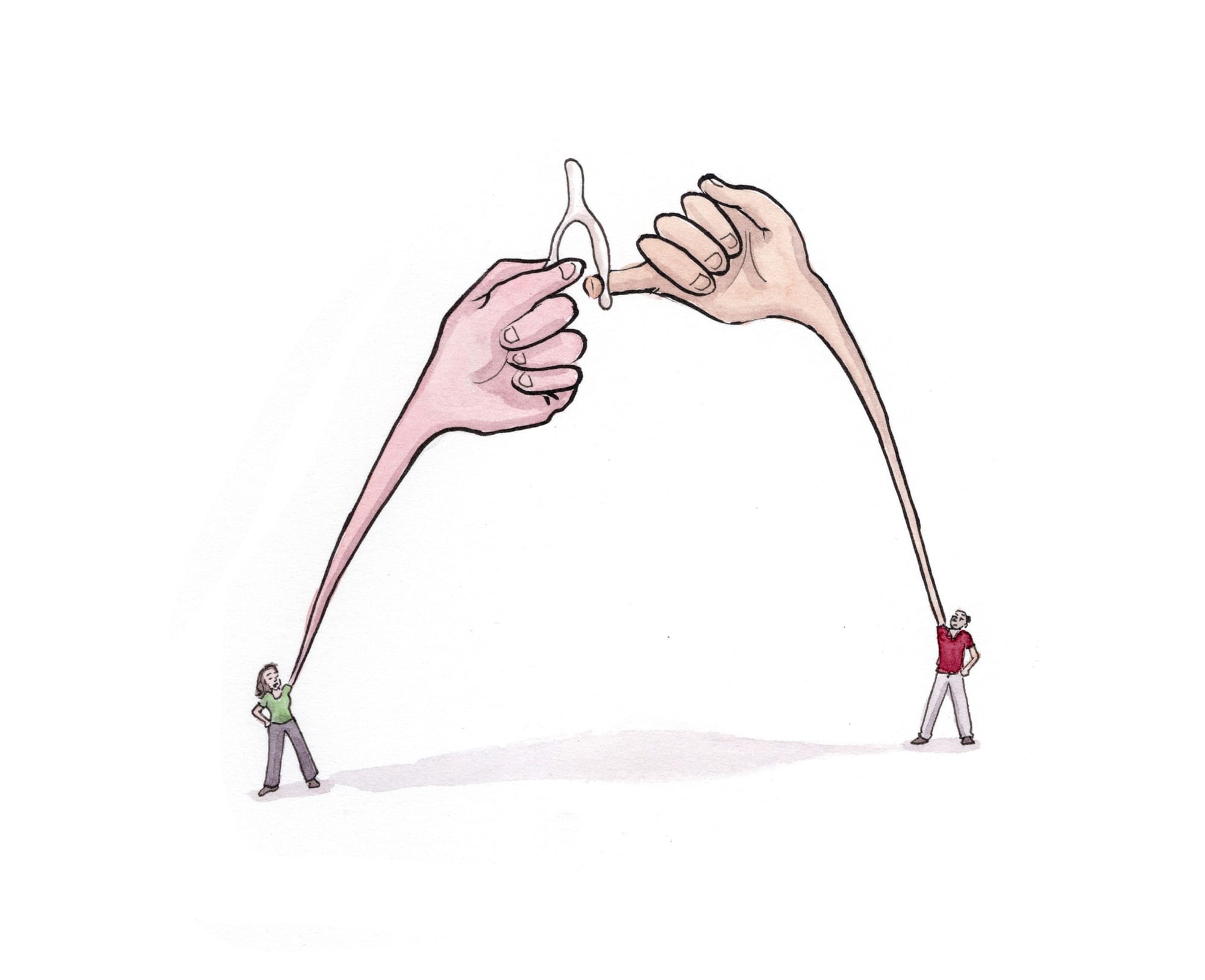 Giant hands arise from tiny figures to determine the fate of a wishbone
