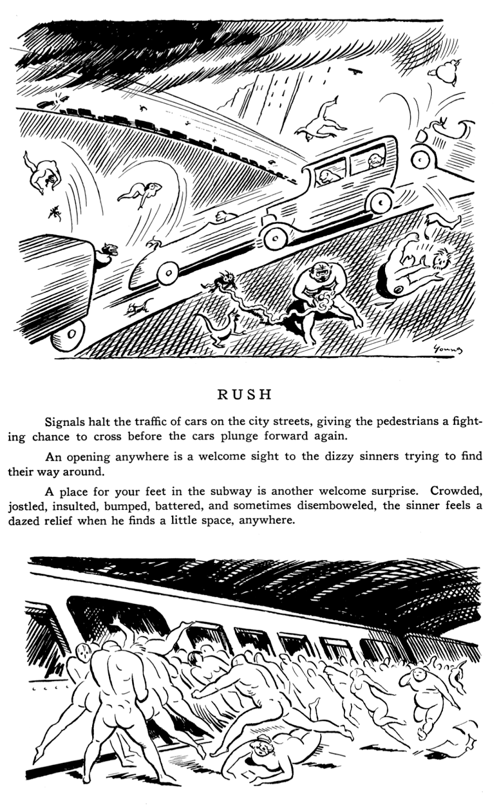 a number of muscular looking naked figures are flying all over the road, their heads falling off and their innards running loose, as cars speed by. in another illustration, a mass of figures tries to rush onto a train, knocking over a number of others in the mad rush