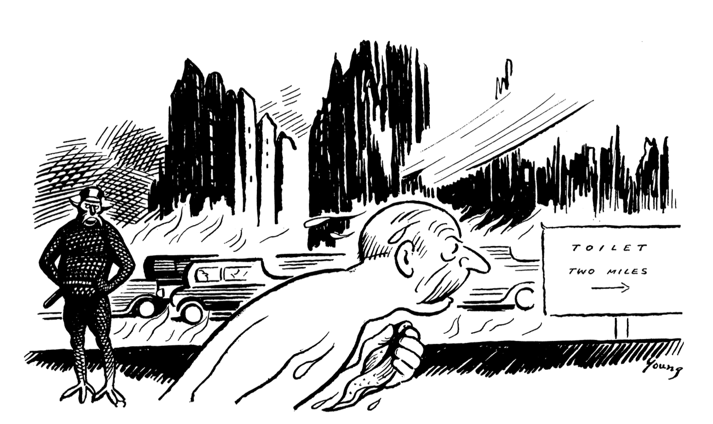 A city landscape. A man sweats as he heads towards a sign that reads TOILET: two miles