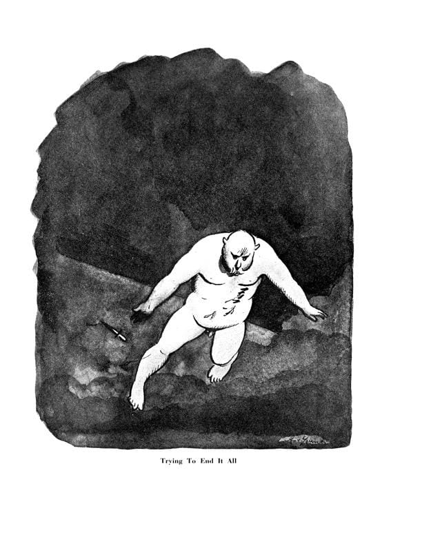 A naked man with a mustache backs up to the edge of a cliff. A dagger lies at his feet. Caption: Trying to End it all