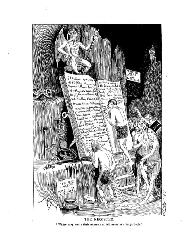 "The Register. 'Where they wrote their names and addresses in a large book.'" Satan looms over a long queue of scrawny, mostly-naked men waiting to sign their names in a massive guestbook about seven feet in height. One is writing his name with a quill pen, another is reading the bottom left page of the book as he covers his bum with a hat. A vessel to one side bears a sign: "If You Must Weep, Weep in the Cuspidor."