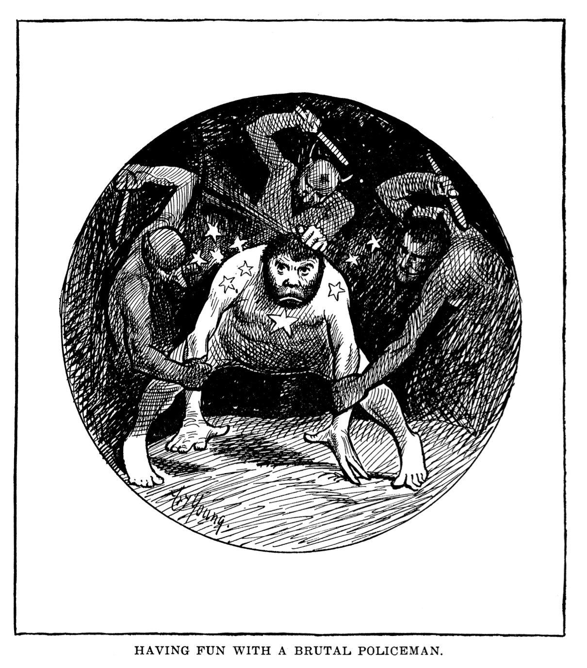 "Having Fun With a Brutal Policeman." Cartoon of a burly, bearded man pinned down by three devils, striking him with batons