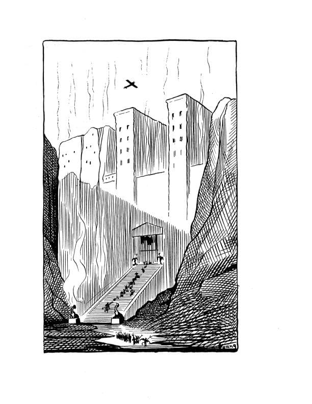 A line of people climb up the stairs to enter huge building built into a valley. Satan is at the end of the line, seemingly guiding them in. 