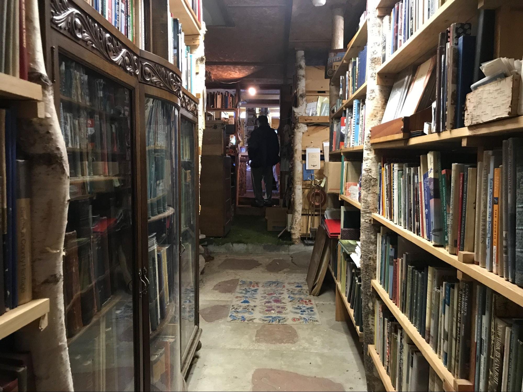 Mismatched, tall wooden shelves, some with birch uprights and all filled to the brim with books, at the BirchBark Bookshop