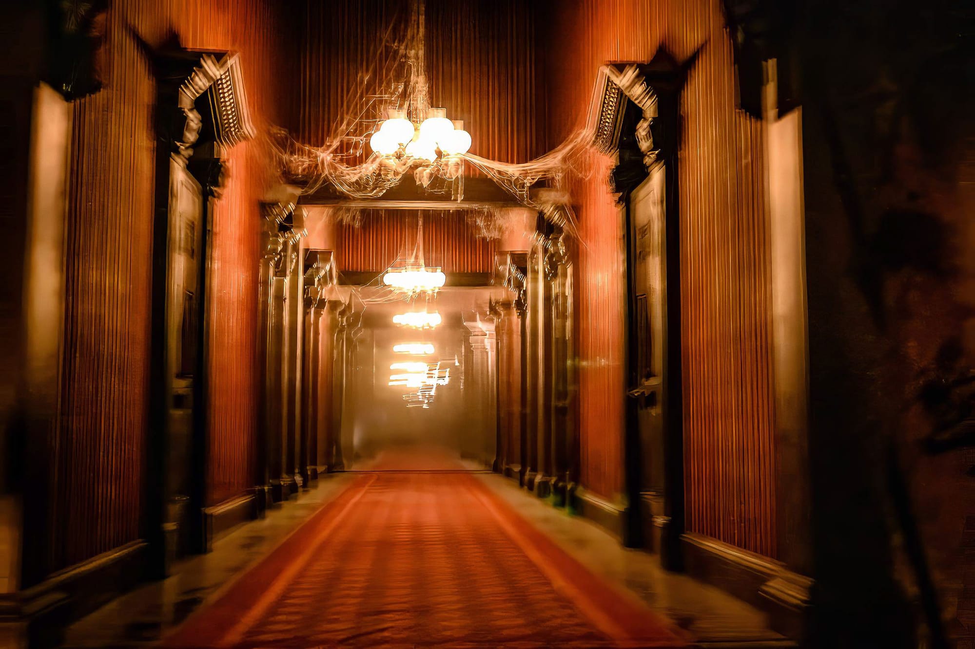At Disneyland's Haunted Mansion, the mise en abyme of a high-ceilinged, red-wallpapered hallway, with cobwebbed chandeliers extending forever down a mirrored corridor