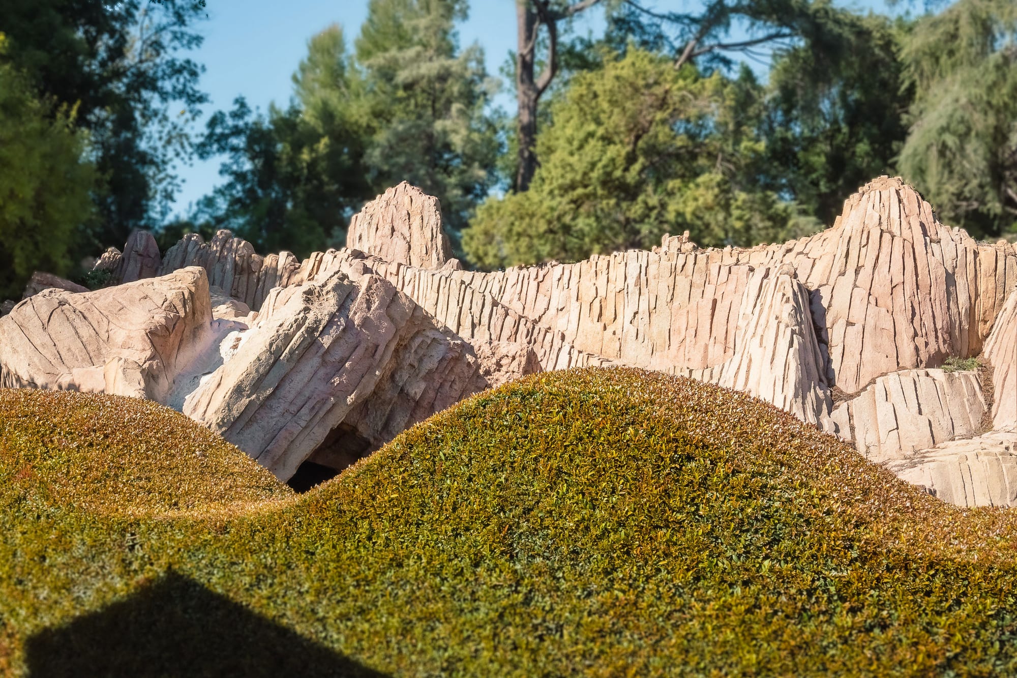 A pristinely clipped topiary hedge, artificial rock walls, and beyond them a stand of trees against a limpid blue California sky