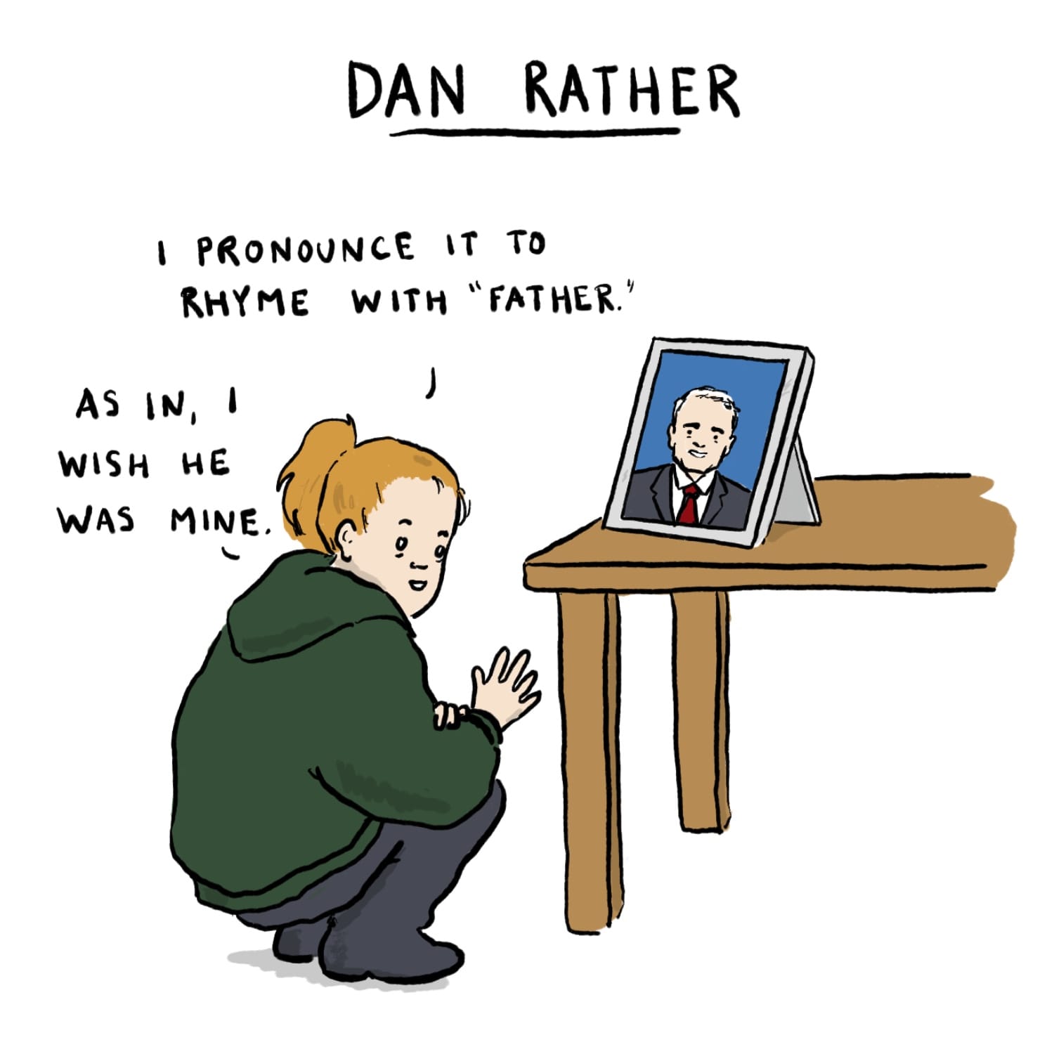 DAN RATHER: Squatting down in front of framed photo of Dan Rather, I PRONOUNCE IT TO RHYME WITH "FATHER." AS IN, I WISH HE WAS MINE.
