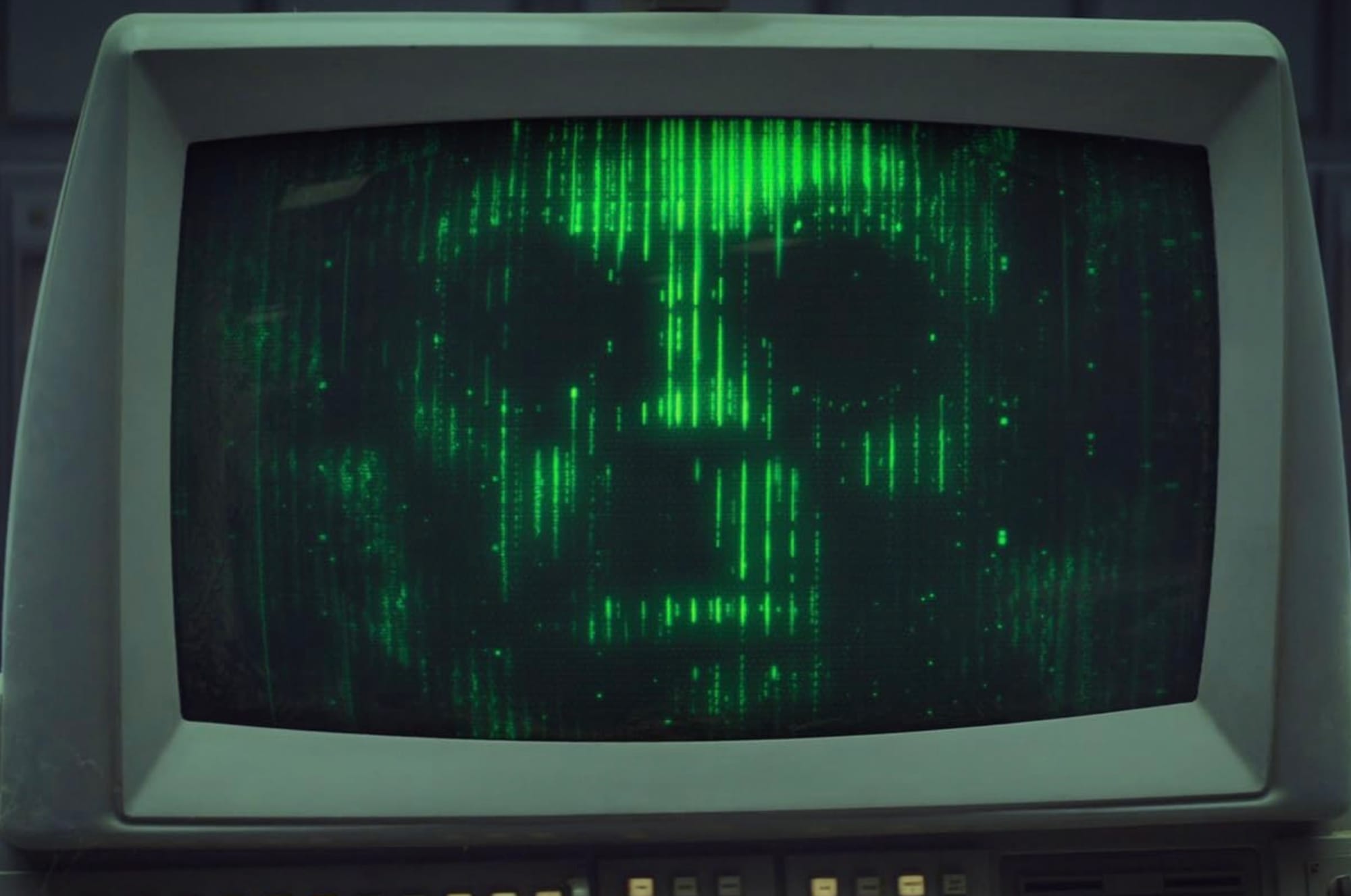 Ghostly face on an old IBM PC-lookin monochrome-green screen