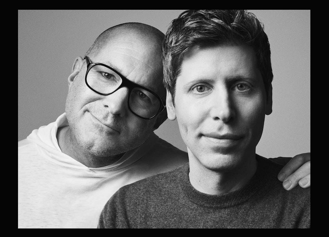 Black and white photo of Jony Ive and Sam Altman in an affectionate pose