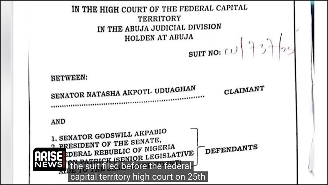 IN THE HIGH COURT OF THE FEDERAL CAPITAL TERRITORY IN THE ABUJA JUDICIAL DIVISION HOLDEN AT ABUJA BETWEEN: SENATOR NATASHA AKPOTI- UDUAGHAN AND 1. SENATOR GODSWILL AKPABIO 2 PRESIDENT OF THE SENATE, ARISE EDERAL REPUBLIC OF NIGERIA VEWS ON PATRICK (SENIOR LEGISLATIVE AIDE TO THE SENATE PRESIDENT) CLAIMANT DEFENDANTS