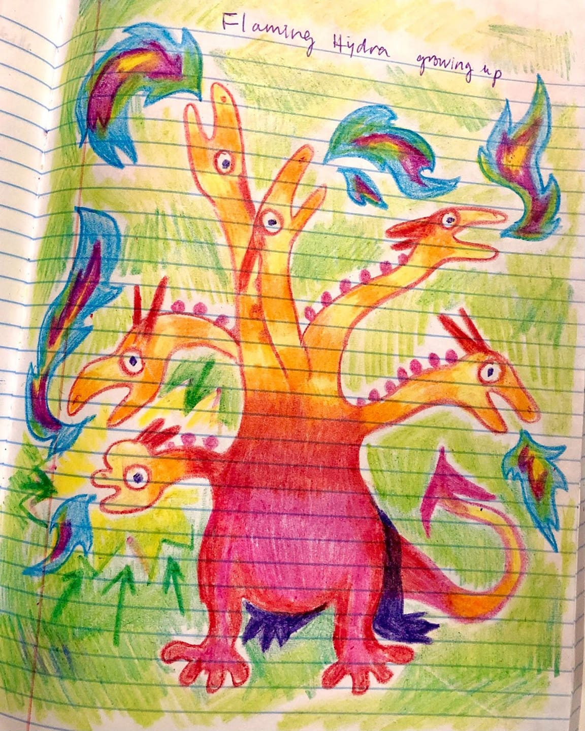 Colorful art by Amy Chu of a Flaming Hydra with "Flaming Hydra  - growing up" written at top