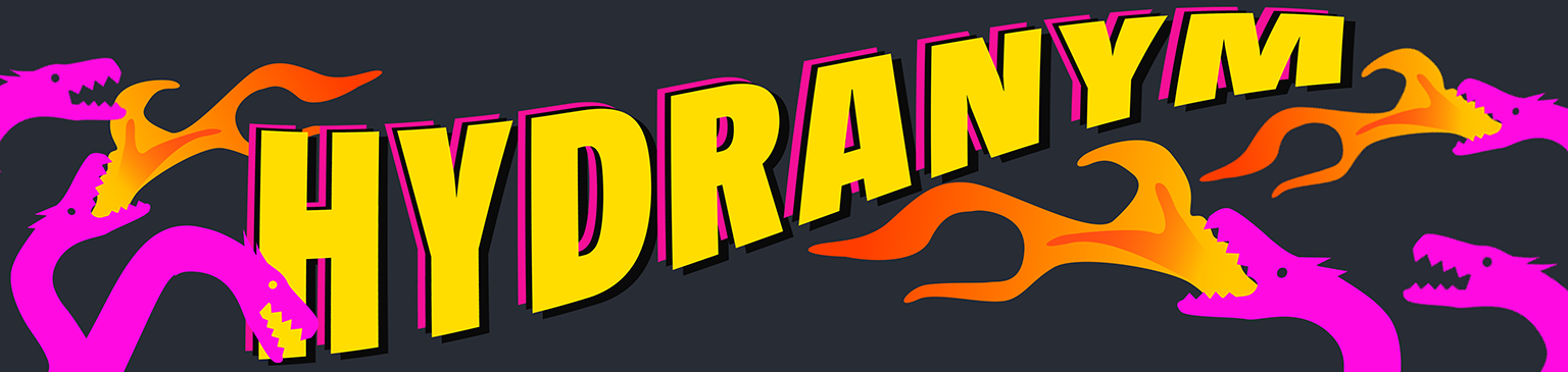 the word 'Hydranym' as all-caps, bold, drop-shadowed, curving banner text; fire-spewing hot pink hydras surround it