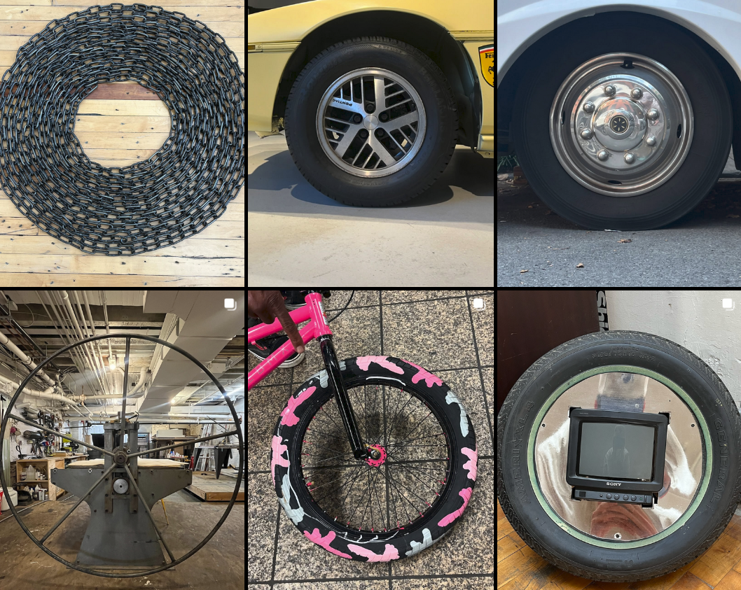 Eight photos of wheels of different kinds from the recent 'Small Batch' show: a coiled metal chain, a car tires with elaborate hubcaps, the huge wheel of a mysterious machine, the pink and blue decorated wheel of a bike, a photo collage of a tire with a photographer's face and monitor visible in the middle