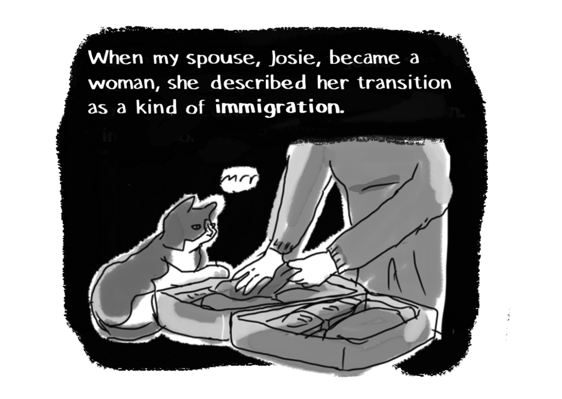 When my spouse, Josie, became a woman, she described her transition as a kind of immigration. PACKING BAGS - CAT WATCHING - PURRS
