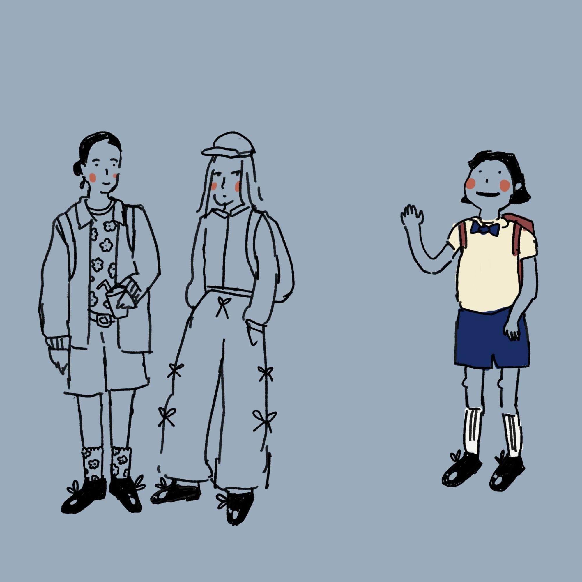 A duo in fashionable togs looking slightly askance at an eager newcomer in shorts and a white short-sleeved shirt and bow tie, all three wearing the same lace-up two-tone shoes