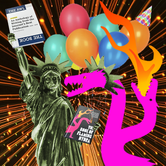 Festivities in NYC feat. fireworks, the Statue of Liberty, and a hot-pink Hydra breathing FIRE! (also balloons, party hat)