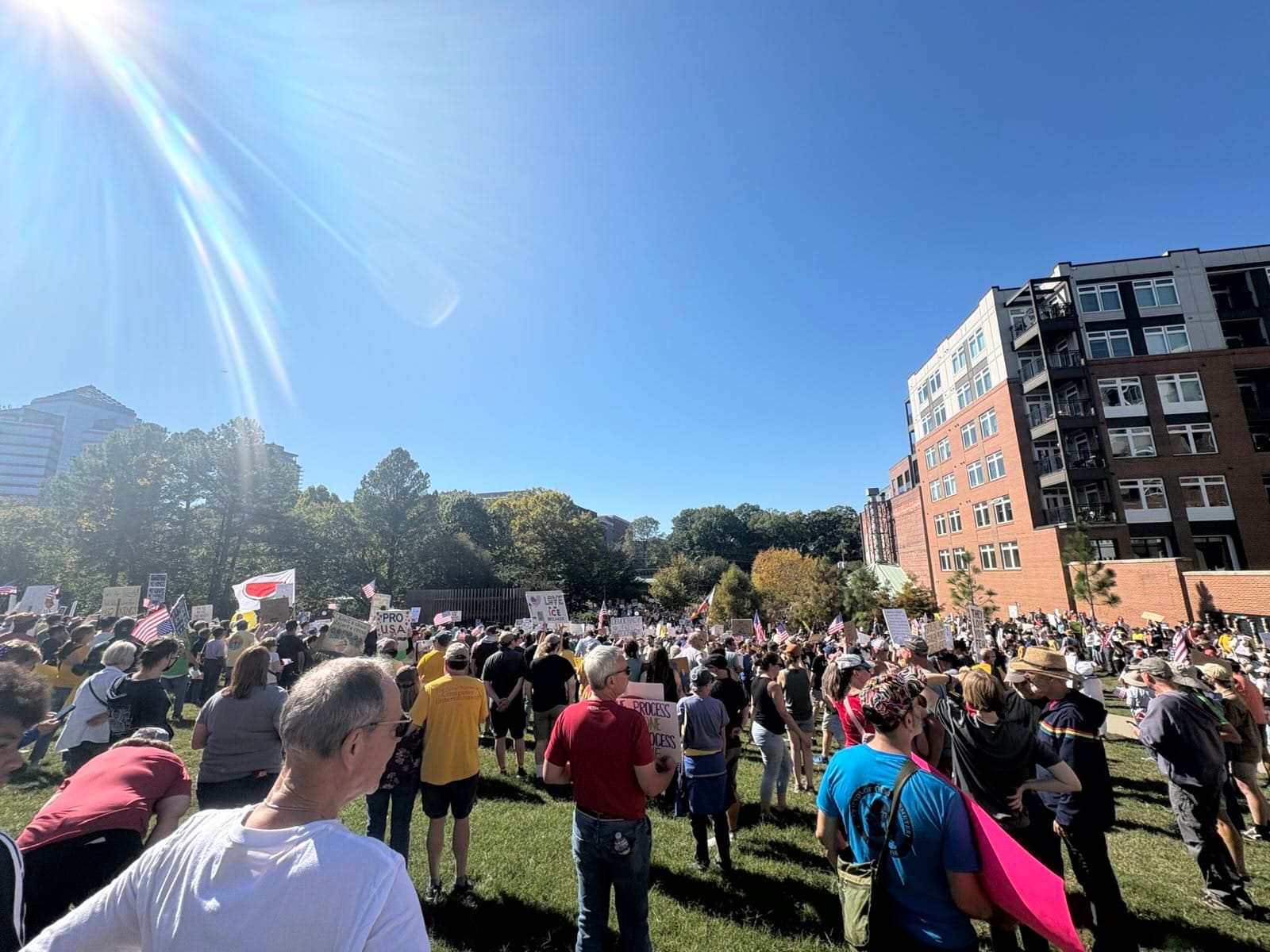 Huge number of demonstrators outside on a lawn on a beautiful sunny day