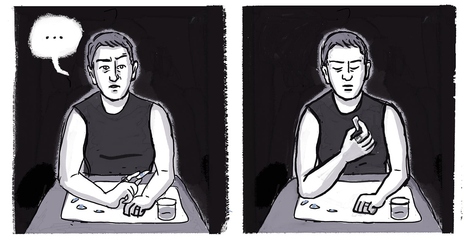 Panel 5: [We see the narrator straight on for the first time. A genderqueer middle-aged woman with short hair in a masculine cut. She's looking puzzled by this exchange. P6: [Same shot, but she's brought the shard she was holding up to examine it more closely, lost in thought.]