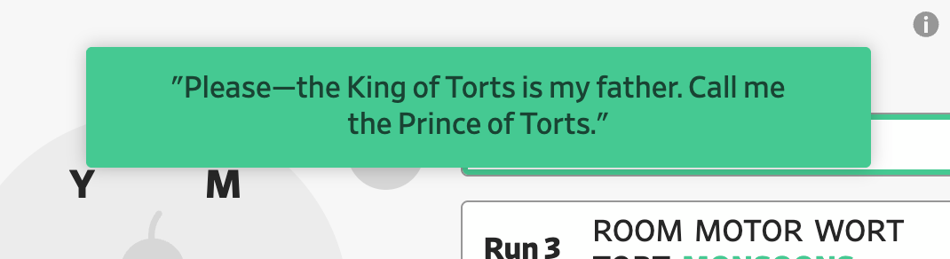 Pop-up Pears message: "Please—the Kind of Torts is my father. Call me the Prince of Torts."