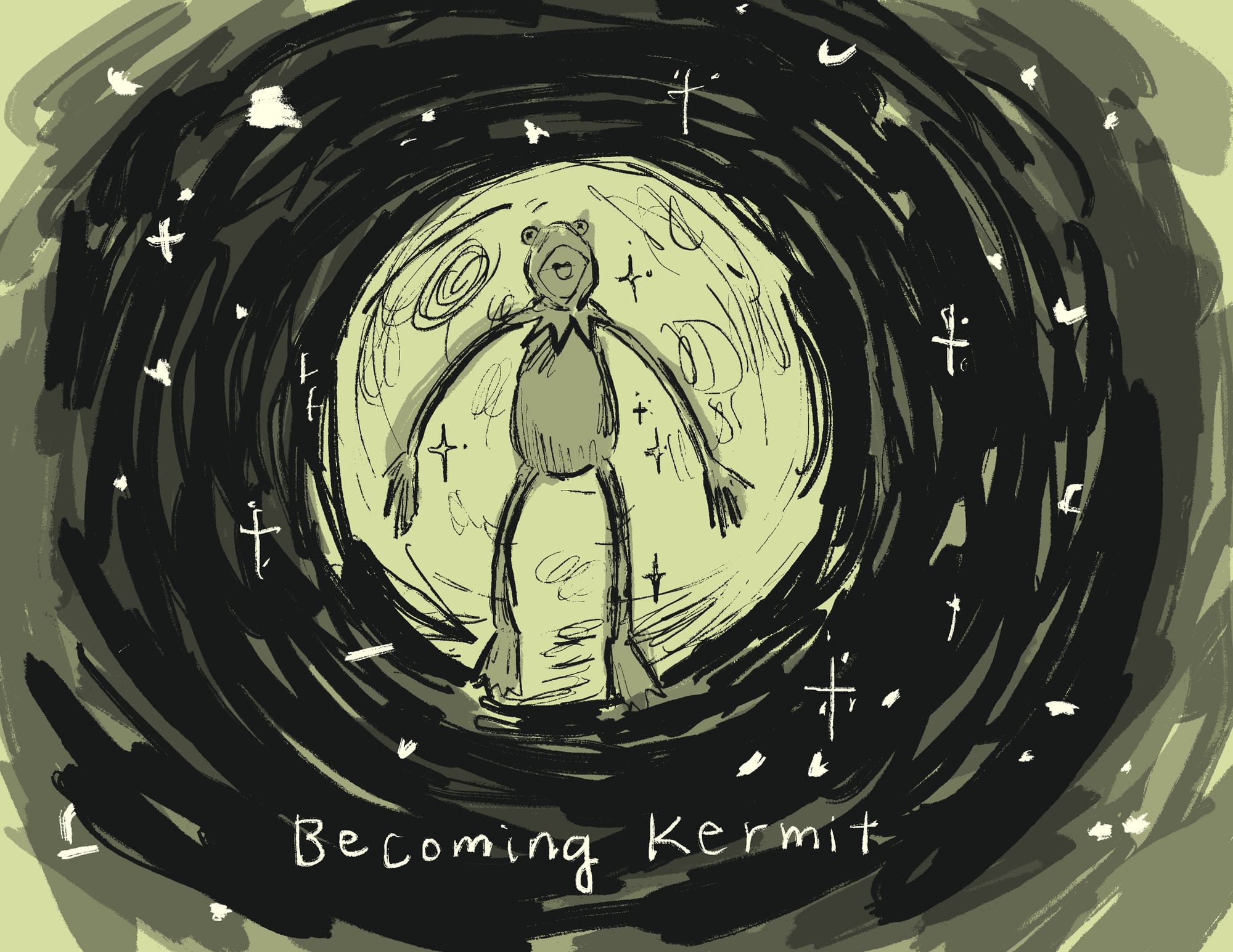 Kermit the Frog in a swirly tunnel. TITLE: Becoming Kermit