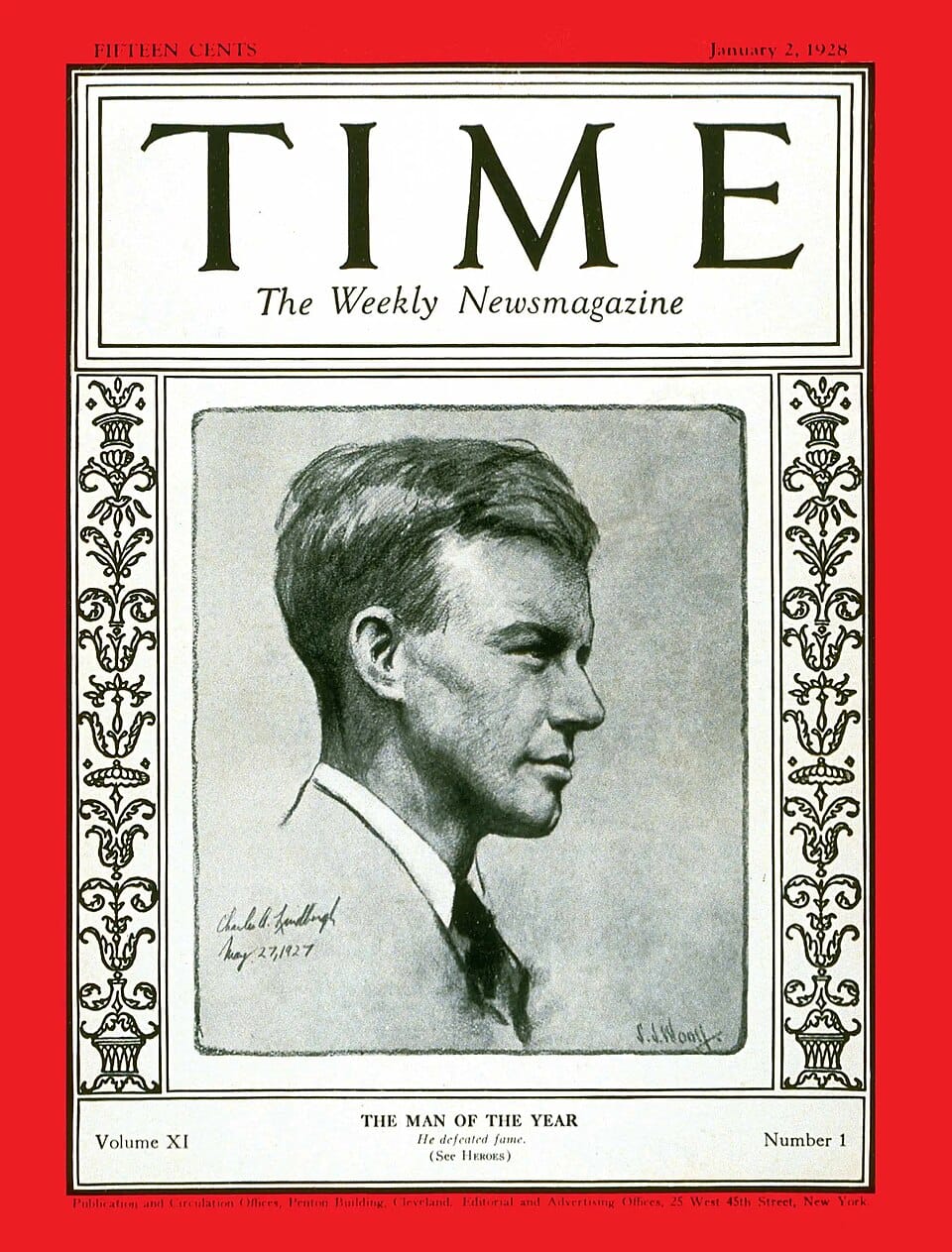 TIME Magazine cover, January 2, 1928, with a a charcoal drawing of aviator and fascist Charles Lindbergh on the cover as THE MAN OF THE YEAR “He defeated fame.”