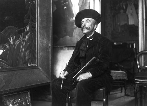 Old-timey-looking Rousseau rocking a giant version of a beret and copious moustache, holding a paintbrush and a palette, looking kinda dreamy/irritated, gazing off into the distance