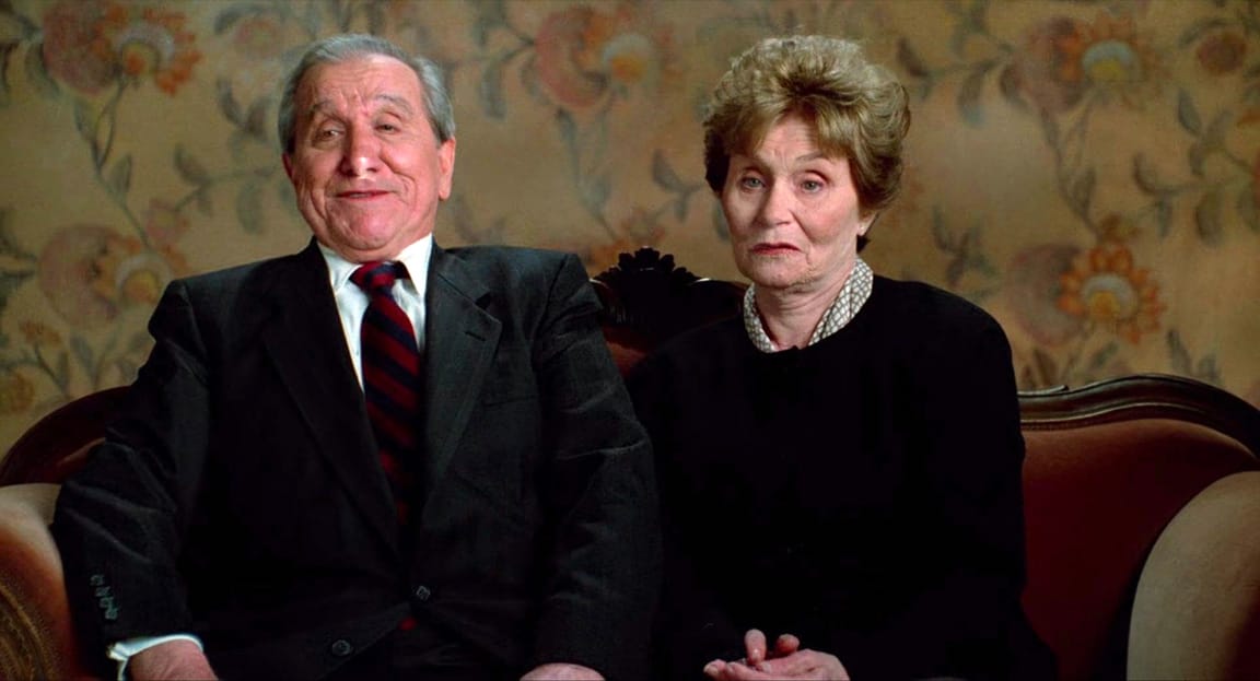 "I couldn't take my eyes off of her." One of the couples describing their relationship, seated on the chocolate-brown loveseat, in 'When Harry Met Sally…'