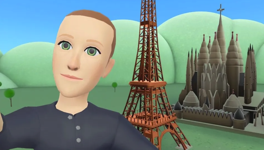 Mark Zuckerberg in promotional screenshot from Horizon Worlds, 2022, dead-eyed before an inexplicable landscape feat. the Eiffel Tower and the Sagrada Familia and some monster caterpillar-looking green hills